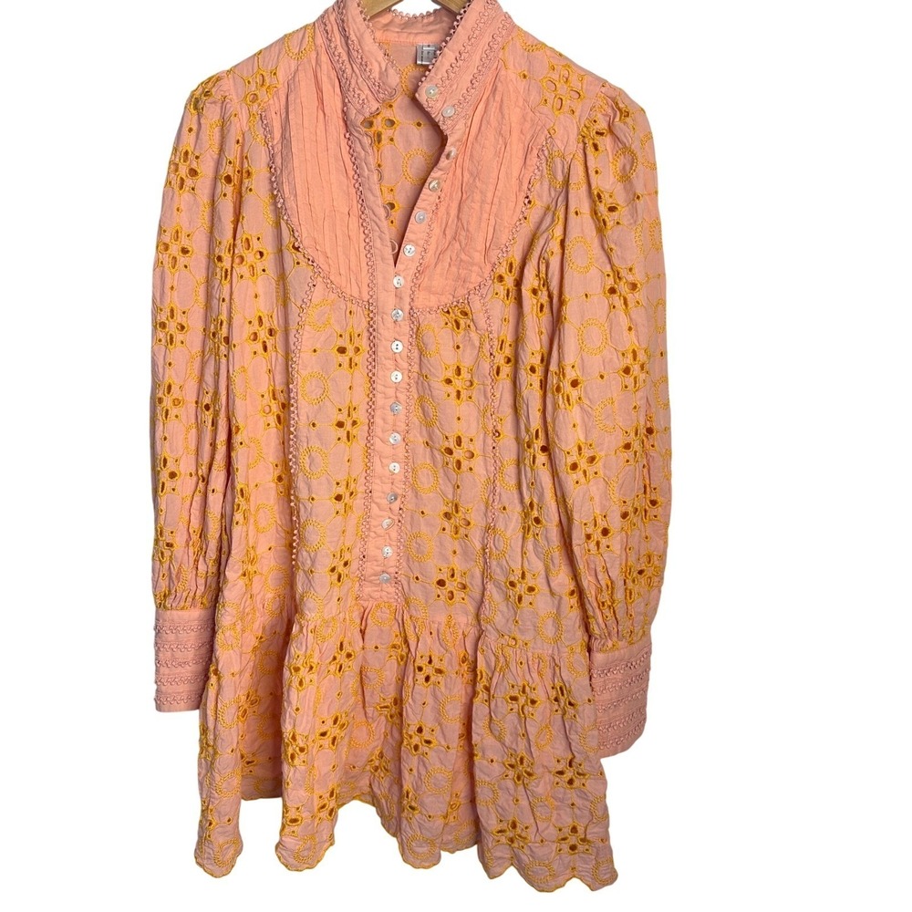 ROIII Small Peach Eyelet Lace Mini Dress Peach Boho Embroidery Stunning Dress